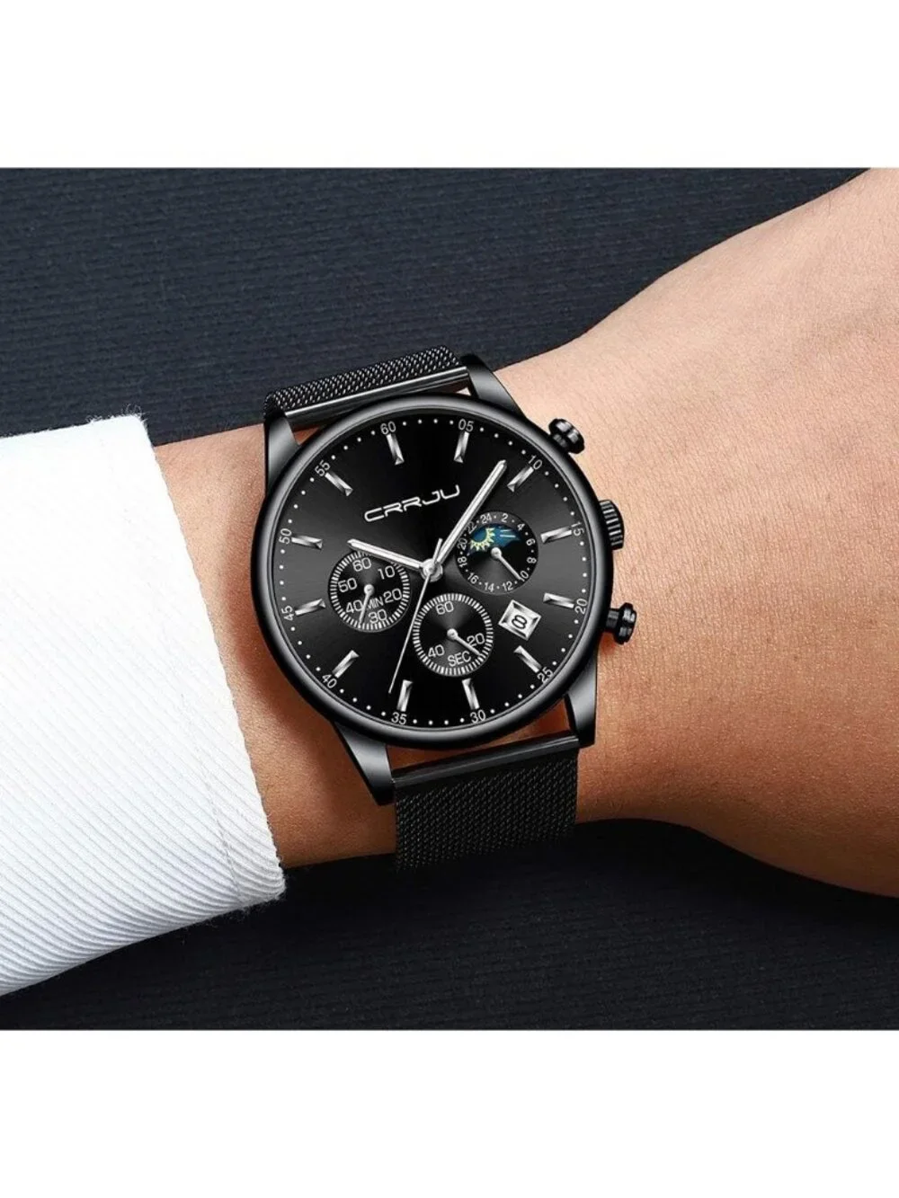 Men's Black Silver Chronograph Auto Date Steel Quartz with Mesh Strap Wristwatch